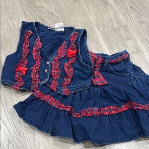 Vintage 80s / 90s Denim Vest and Skirt Set with Red Plaid and Ribbon Accents